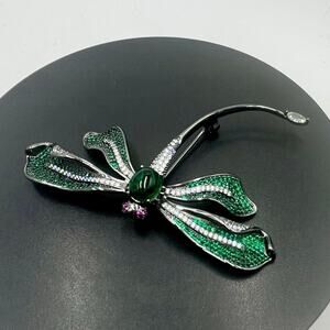 Articulated Black Metal Green Body Purple Eyed‎ Movable Dragonfly Brooch